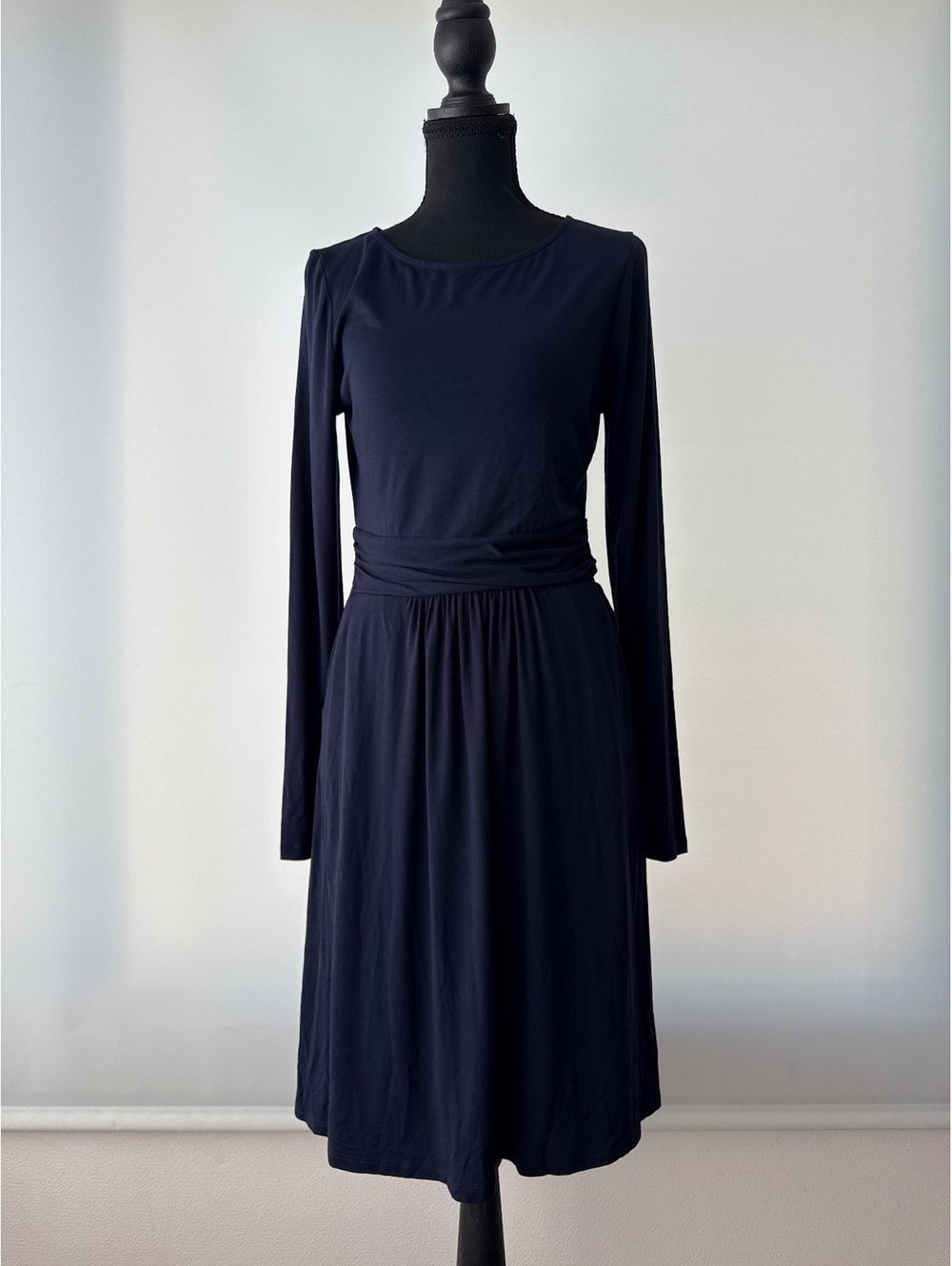 Boden 6R Black Abigail Jersey Midi Dress Long Sleeve Ruched Waist Stretch